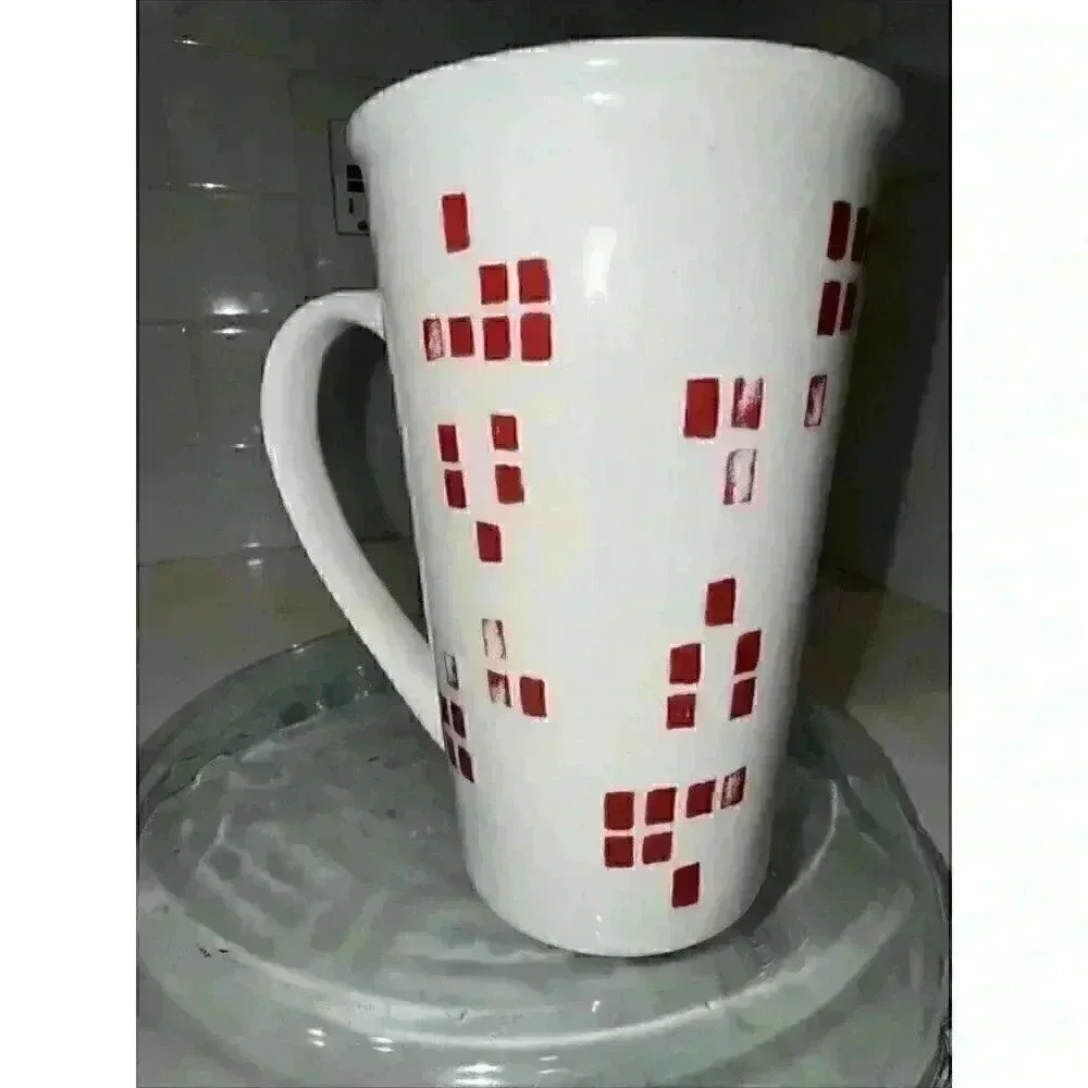 Starbucks 2014 Tall White Mug w/ Red Pine Tree Block Graphics 17.8 oz Preowned